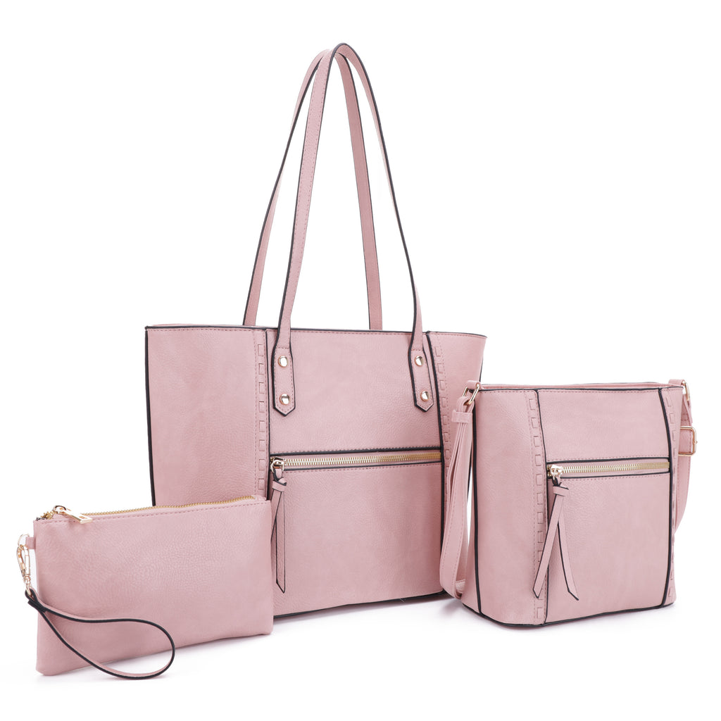 FC20288 Whip Stitch Accent Design with Wristlet Shoulder Tote Bag Set