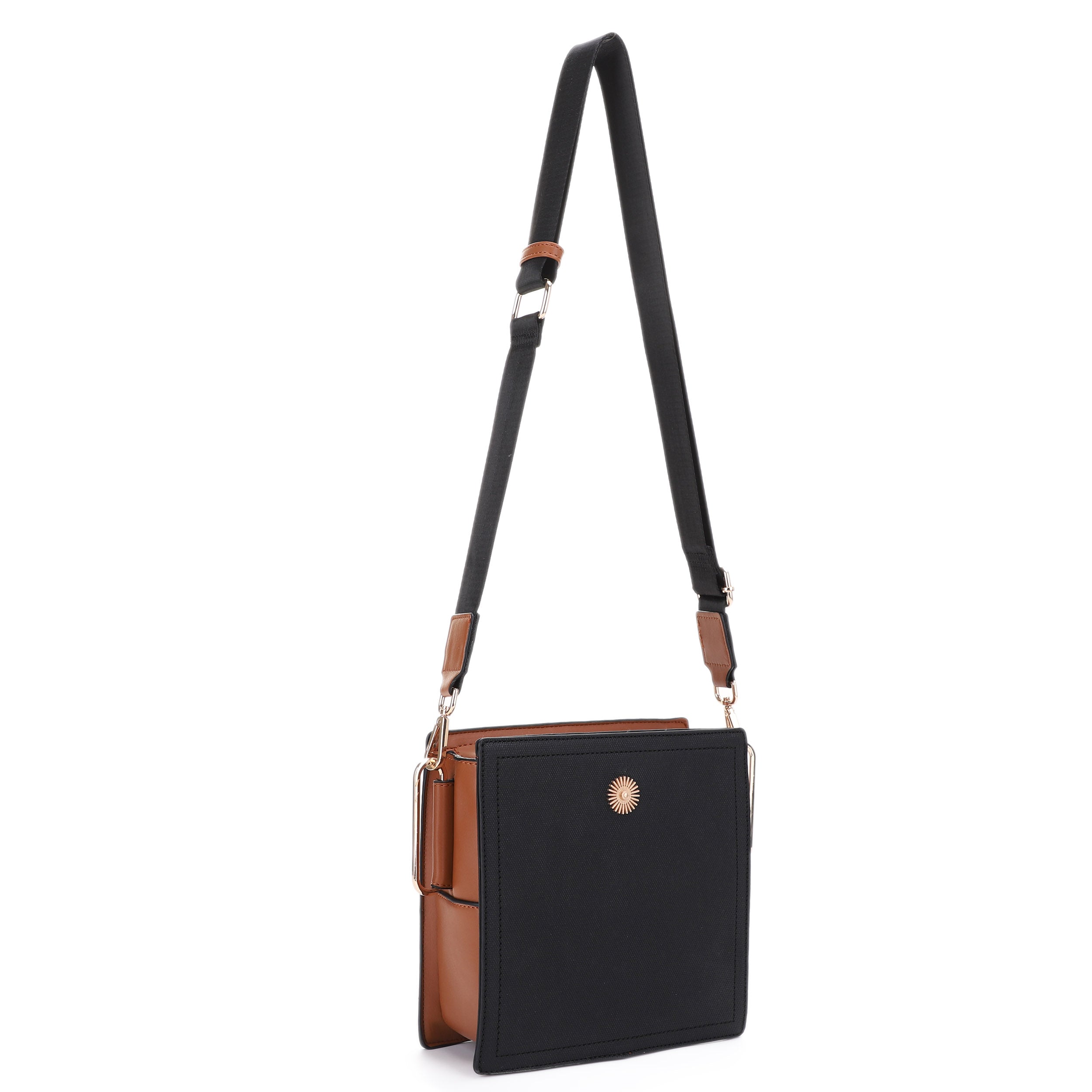 FC20578 Hardware Emblem Two Tone Structured Crossbody Bag