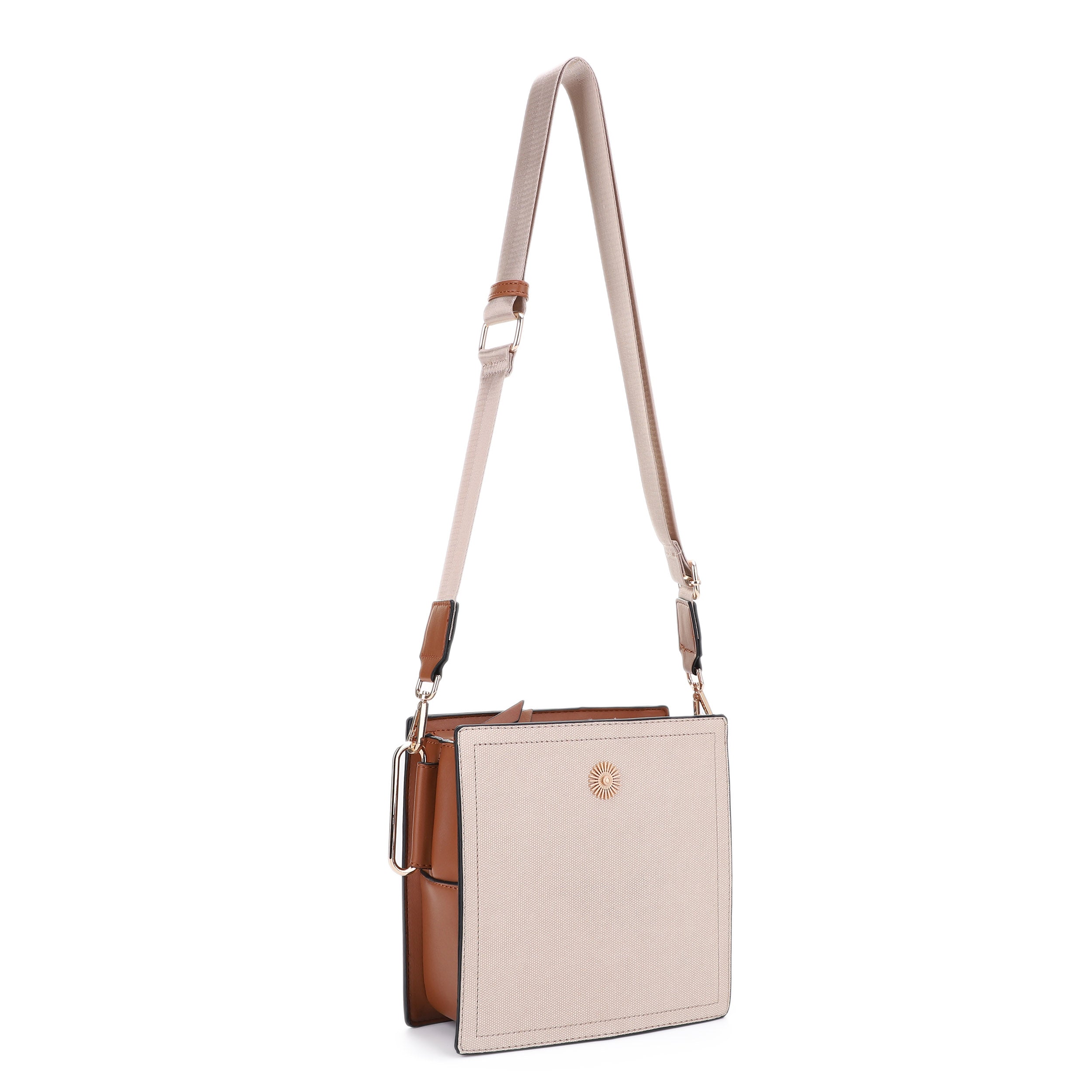 FC20578 Hardware Emblem Two Tone Structured Crossbody Bag