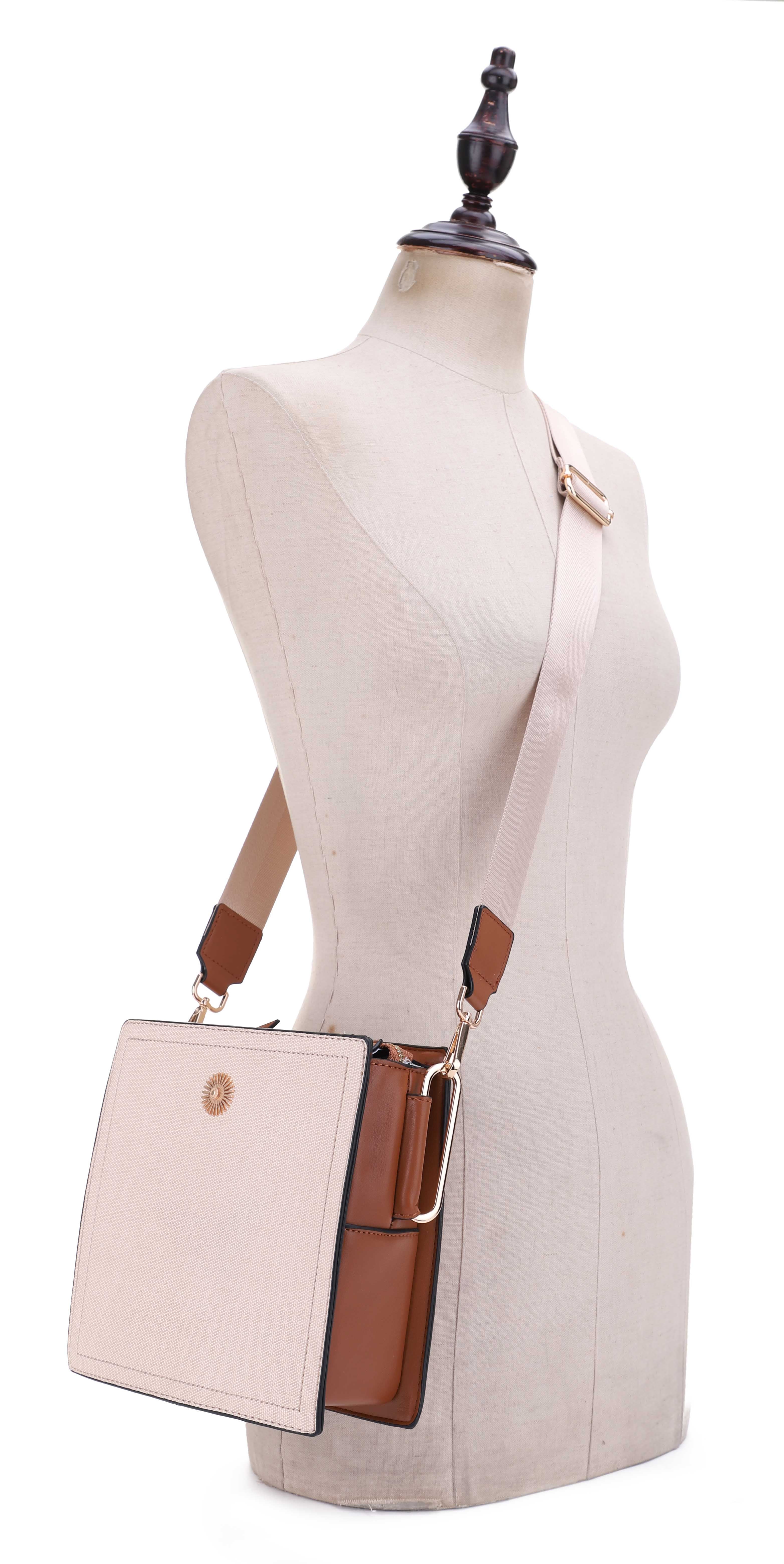 FC20578 Hardware Emblem Two Tone Structured Crossbody Bag