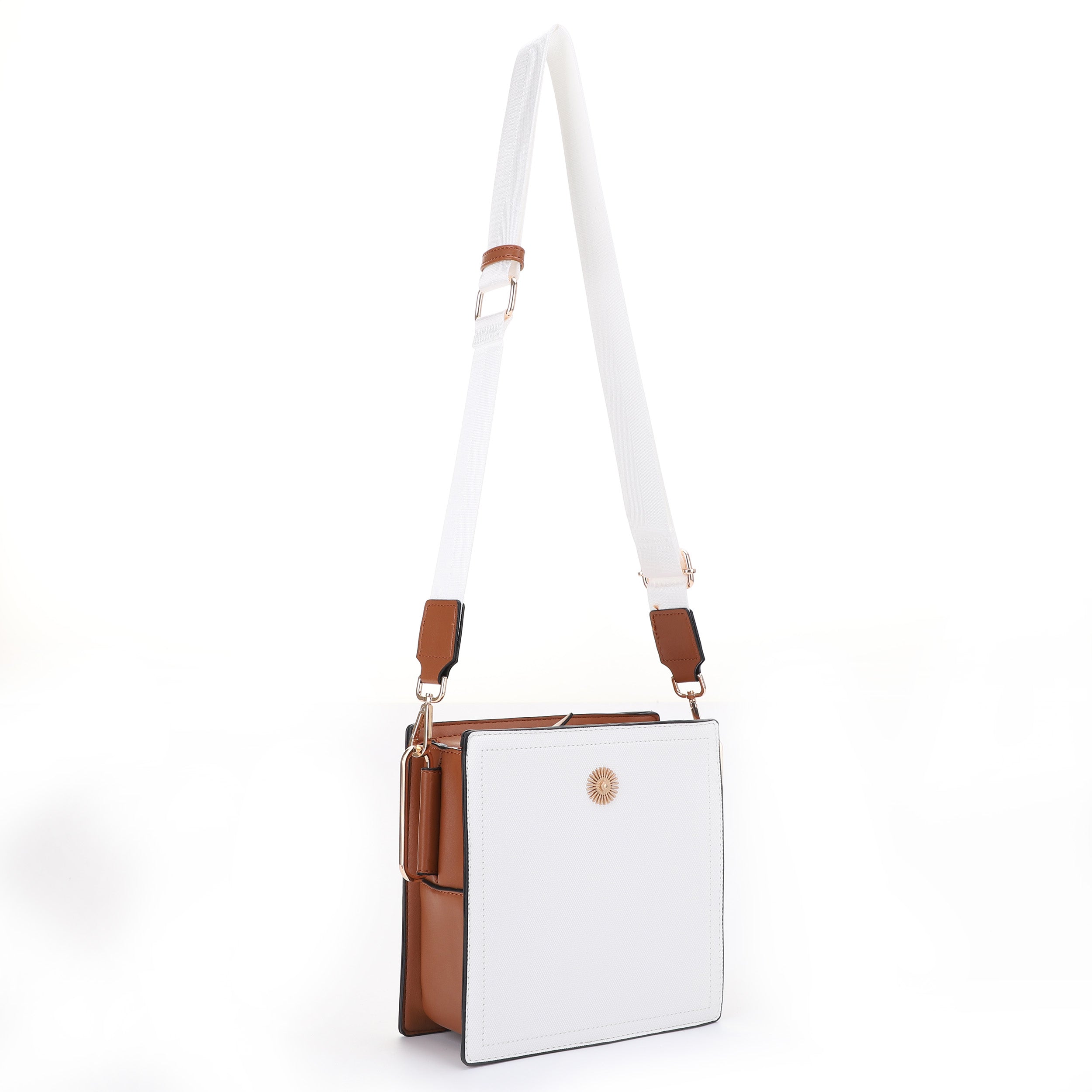 FC20578 Hardware Emblem Two Tone Structured Crossbody Bag